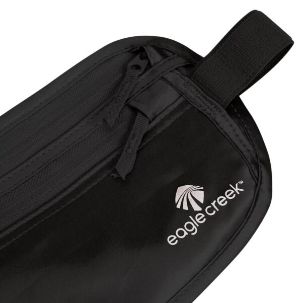 This money belt by Eagle Creek is made from natural silk. Photo shows detail of Eagle Creek logo and zipper pulls. An eco-friendly travel solution that will keep your belongings safe!