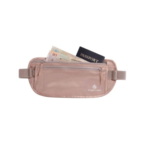 This money belt by Eagle Creek is made from natural silk. Photo shows money belt holding a passport and currency. An eco-friendly travel solution that will keep your belongings safe!