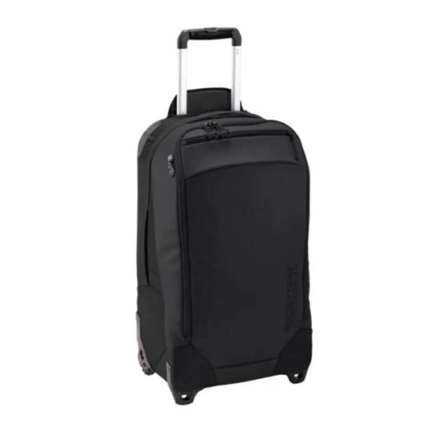 The Tarmac XE 2-Wheel 65L checked luggage by Eagle Creek, shown here in black, is made from 100% recycled materials. Includes heavy duty impact-resistant handle system and zippers.