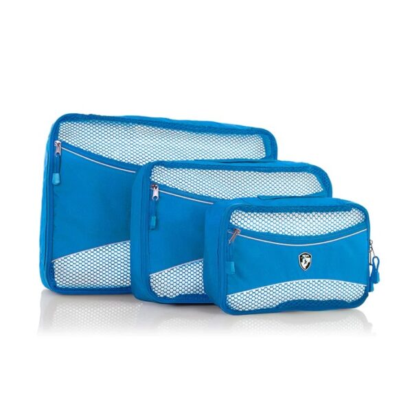 The earth-friendly 3 piece packing cube set, shown here in blue, is made by Heys Luggage using 100% recycled fabric made from landfill-bound plastic bottles. Displayed here in large, medium, and small.