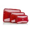 The earth-friendly 3 piece packing cube set, shown here in red, is made by Heys Luggage using 100% recycled fabric made from landfill-bound plastic bottles. Displayed here in large, medium, and small.