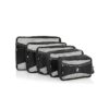 This is a 5 piece set of Heys Luggage packing cubes, shown in black in different sizes ranging from small to extra large. These sustainably minded organizational cubes are made from fabric made from recycled plastic water bottles.