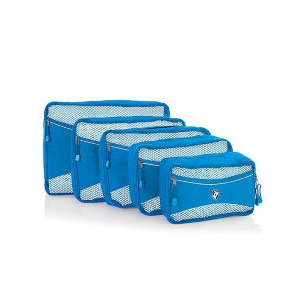 This is a 5 piece set of Heys Luggage packing cubes, shown in blue in different sizes ranging from small to extra large. These sustainably minded organizational cubes are made from fabric made from recycled plastic water bottles.