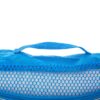 The eco-friendly packing cubes made by Heys Luggage are made from Ecotex, a fabric created from recycled water bottles. This cube, shown in blue, is viewed in the close-up to show its mesh front and top carrying handle.