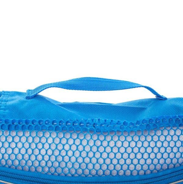 The eco-friendly packing cubes made by Heys Luggage are made from Ecotex, a fabric created from recycled water bottles. This cube, shown in blue, is viewed in the close-up to show its mesh front and top carrying handle.