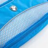 The eco-friendly packing cubes made by Heys Luggage are made from Ecotex, a fabric created from recycled water bottles. This cube, shown in blue, is viewed in the close-up to show its sturdy zipper and mesh front.