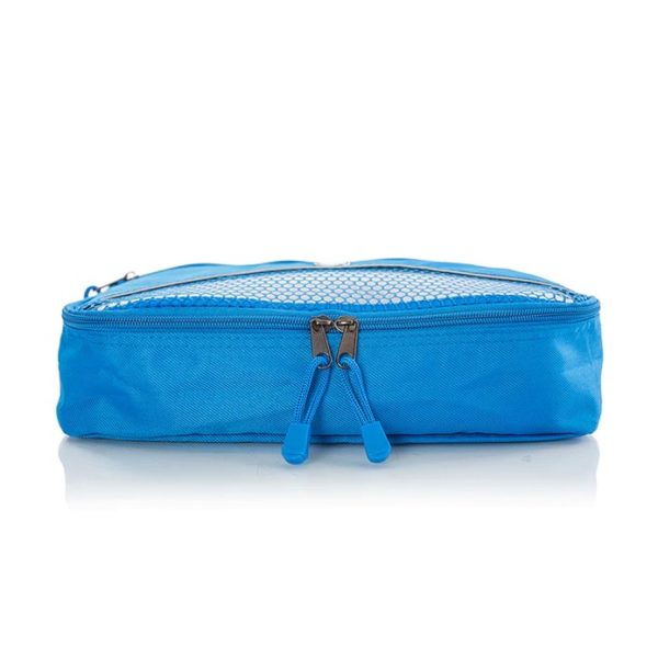 The packing cubes made by Heys Luggage are made from Ecotex, a fabric created from recycled water bottles. This cube, shown in blue, displays sturdy zippers and zipper pulls.