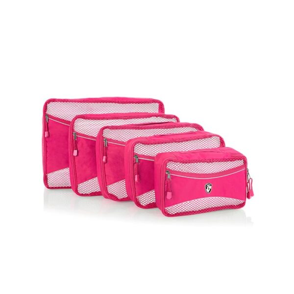 This is a 5 piece set of Heys Luggage packing cubes, shown in fuchsia in different sizes ranging from small to extra large. These sustainably minded organizational cubes are made from fabric made from recycled plastic water bottles.