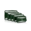This is a 5 piece set of Heys Luggage packing cubes, shown in green in different sizes ranging from small to extra large. These sustainably minded organizational cubes are made from fabric made from recycled plastic water bottles.