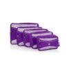 This is a 5 piece set of Heys Luggage packing cubes, shown in purple in different sizes ranging from small to extra large. These sustainably minded organizational cubes are made from fabric made from recycled plastic water bottles.