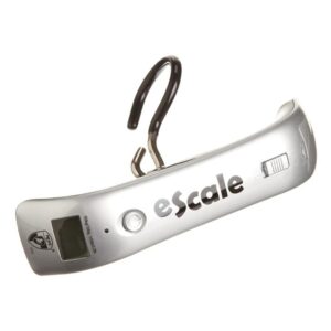 This luggage eScale is silver and made by Heys Luggage. It can weigh luggage up to 110 pounds.