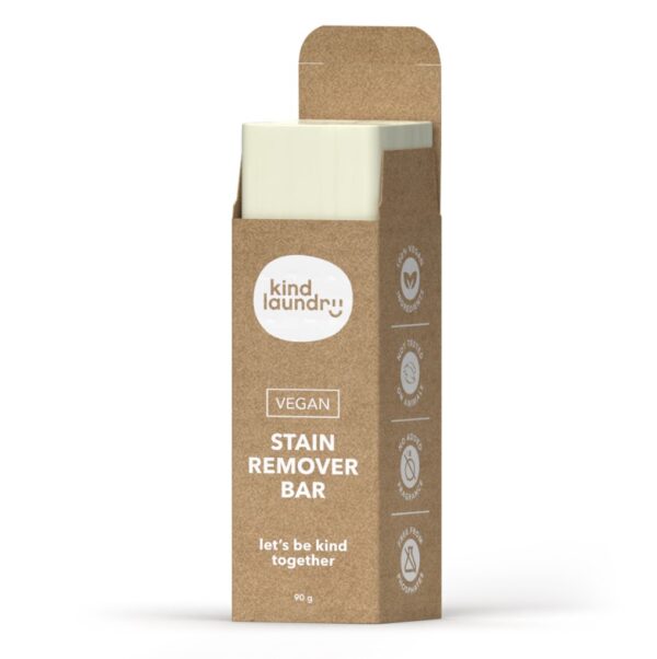 Vegan, eco-friendly laundry stain remover bar in plastic-free packaging from Kind Laundry