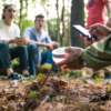 Explore solar powered light and speaker by campfire in woods