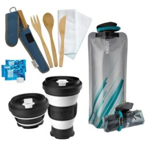 Set of bamboo cutlery, collapsible water bottle and coffee cup for low waste travel set