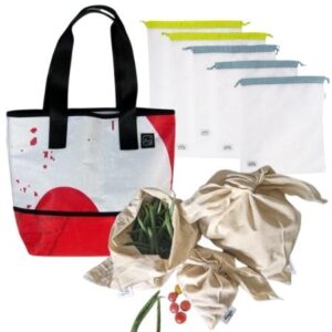 Reusable grocery and farmers market bag set with recycled billboard tote and produce bags and linen bento bags
