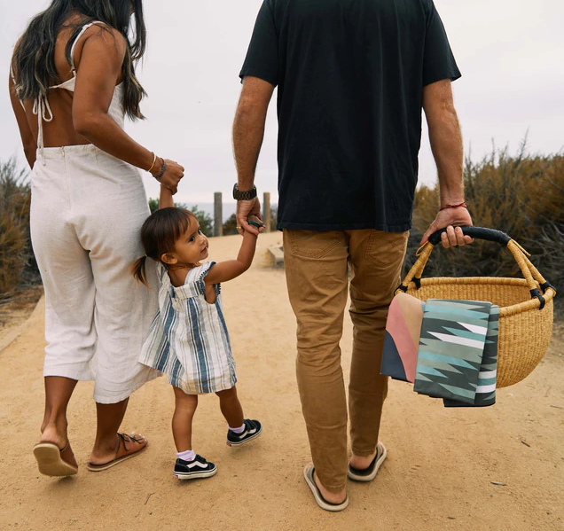 Photo of a family walking to the beach with their young child, picnic basket and Nomadix sustainable beach towels in hand.