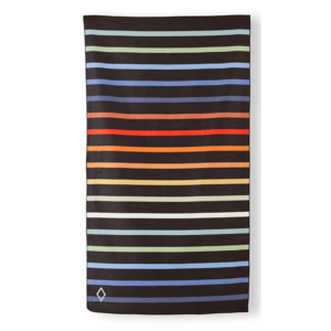 The Ultralight quick dry towel by Nomadix, shown here in Pinstripes Multi, is made from post consumer recycled materials and is sustainably made.