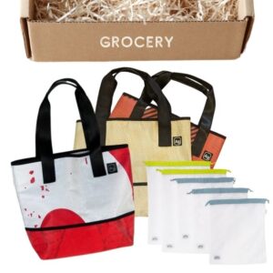 Set of recycled reusable tote and grocery bags