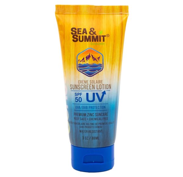 View of travel size 3oz 50 SPF reef-safe sunscreen from Sea & Summit