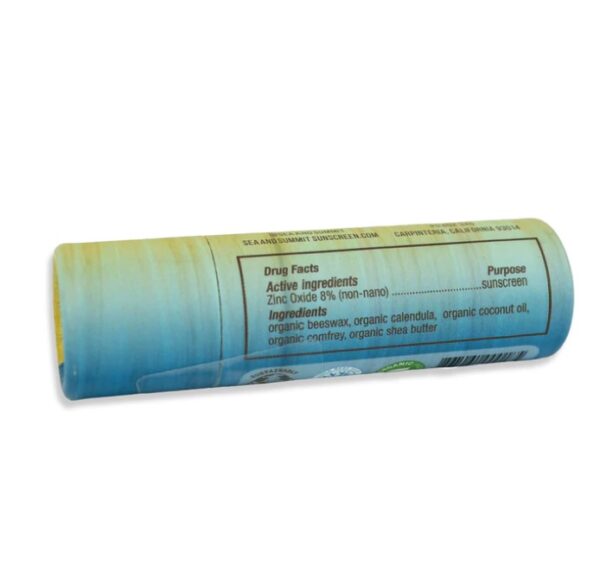 Back ingredients of plastic-free Sea & Summit SPF 15 lip balm plastic-free tube