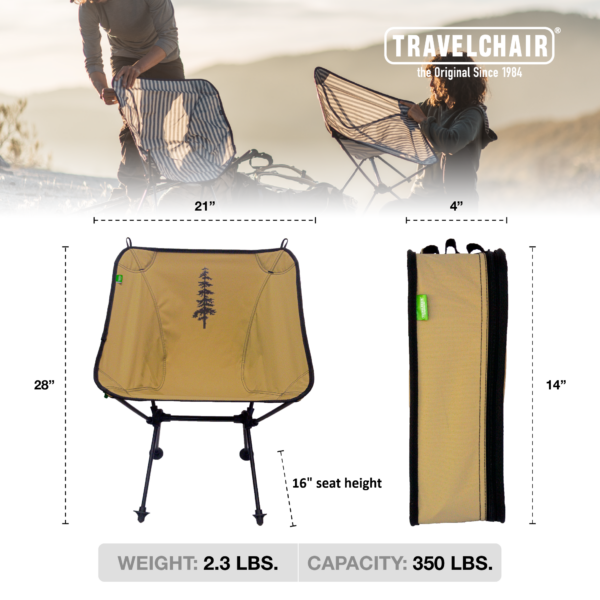 This image shows dimensions of the Joey foldable travel chair. It is 28 inches tall and 31 inches wide. When zipped closed, it is only 14 inches by 4 inches, the size of a large burrito. The chair weighs 2.3 lbs.