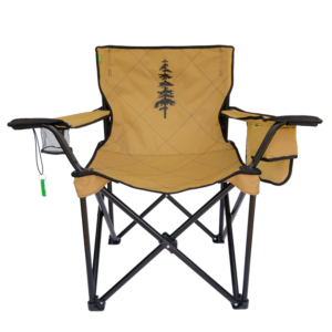 The eco friendly Big Kahuna Travel Chair is made from Repreve Recycled Fabrics. Shown here with a brown fabric and criss-cross stitching and a tree decal, and powder-coated steel frame.