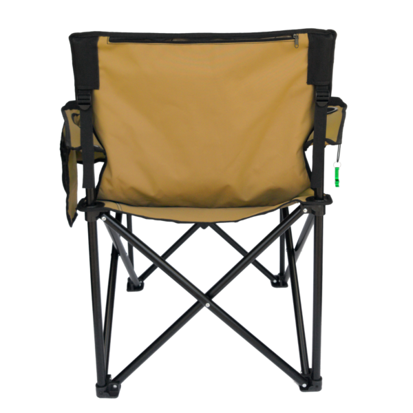 The eco friendly Big Kahuna Travel Chair is made from Repreve Recycled Fabrics. The back is shown here with a brown fabric, extra storage compartment with zipper, and attached bottle opener.