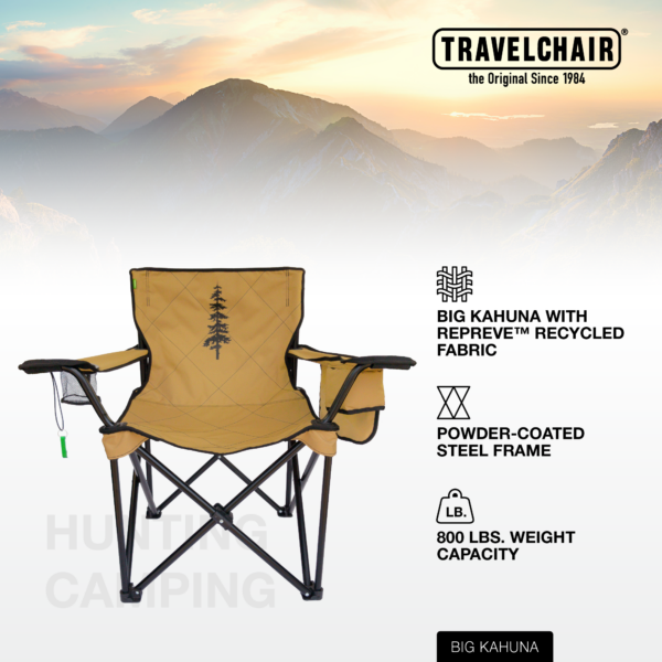 The Big Kahuna Travel Chair is made from Repreve Recycled Fabric. This overbuilt chair is compact for travel and weighs only 10.78 pounds, but is strong enough to hold 800 pounds.