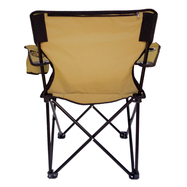 The C-Series Rider Travel Chair is eco-friendly and is made with a brown REPREVE recycled fabric. The back of the chair has a zippered storage pouch.