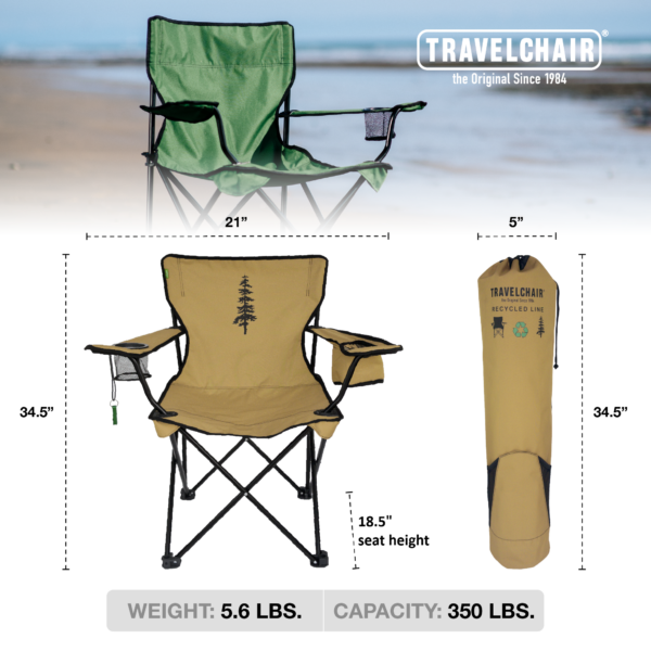 The Rider Travel Chair weighs 5.6 pounds. This graphic shows that the chair is 34.5 inches tall and 21 inches wide.