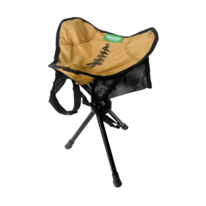 The Slacker Stool by Travel Chair is shown here with storage pockets, 3 durable legs, and REPREVE recycled fabric on top. This earth-friendly product is super compact and lightweight.