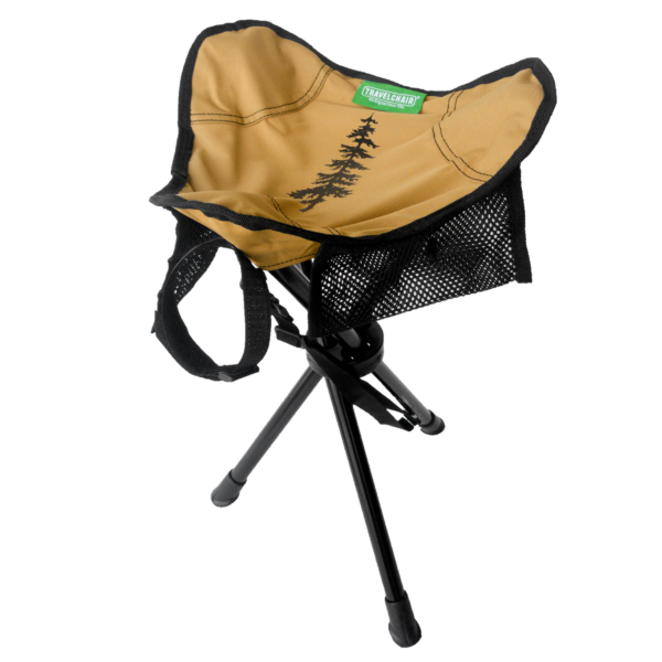 The Slacker Stool by Travel Chair is shown here with storage pockets, 3 durable legs, and REPREVE recycled fabric on top. This earth-friendly product is super compact and lightweight.