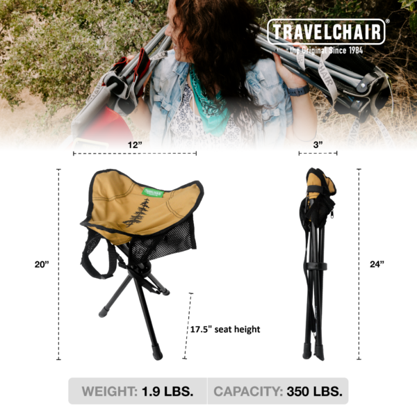 This graphic shows that the Slacker Stool weighs only 1.9 pounds, is 20 inches tall, and is 12 inches wide. It is only 3 by 24 inches when it is closed up for transport.