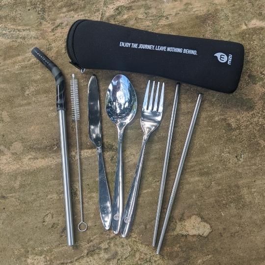 Reusable stainless steel silverware set for camping and travel