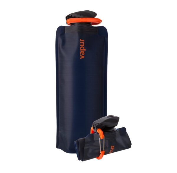 Eco-friendly, collapsible travel water bottle from Vapur in Night Blue with carabiner