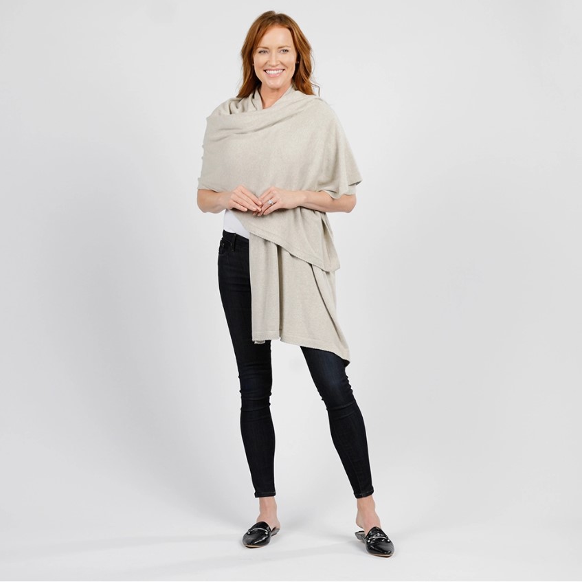 Sustainable organic cotton travel scarf in neutral khaki birch color