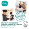 Leaping Bunny Certified seal and list of natural ingredients for non-toxic laundry detergent sheets