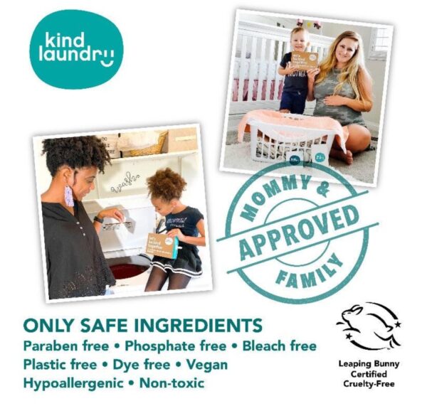 Leaping Bunny Certified seal and list of natural ingredients for non-toxic laundry detergent sheets