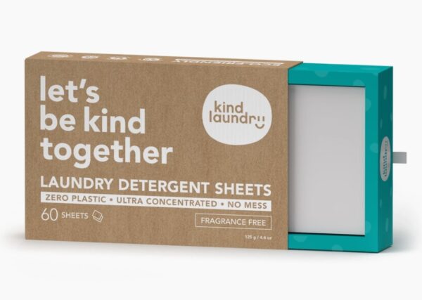 View of open plastic-free packaging box of Kind Lather laundry detergent sheets