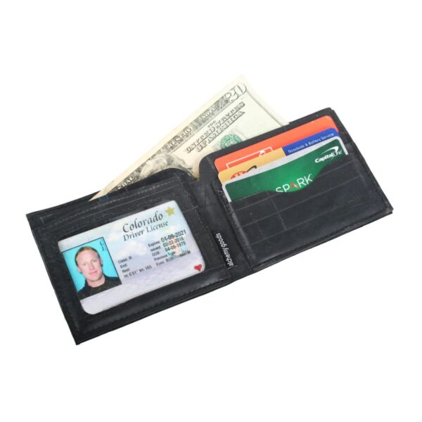 The Jackson wallet by Alchemy Goods is made from repurposed tire inner tubes. This wallet is a bit larger than normal and boasts an ID card window and 3 extra card slots.