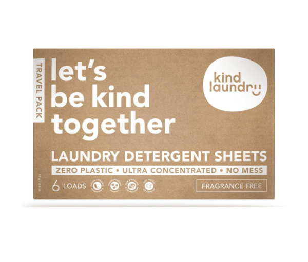 Front view of travel pack of plastic-free laundry detergent sheets