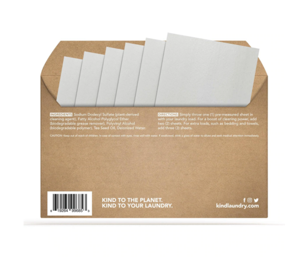 Back view of travel pack of sustainable laundry detergent sheets