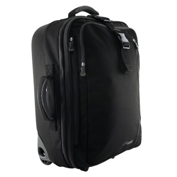 The 20 inch Hybrid Carry-on by LiteGear, shown here in black, can expand another 3 inches, has padded handles, and is made from recycled, ocean-bound plastic bottles.