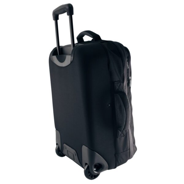 The 20 inch Hybrid Carry-on by LiteGear, shown here in black, can expand another 3 inches, has a telescoping handle, and is made from recycled, ocean-bound plastic bottles.