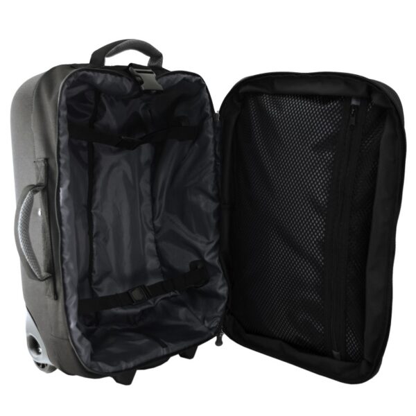 The earth-friendly 20 inch Hybrid Carry-on by LiteGear, shown here in black, can expand another 3 inches, has a large inside mesh pocket, two internal compression straps, and is made from recycled materials.