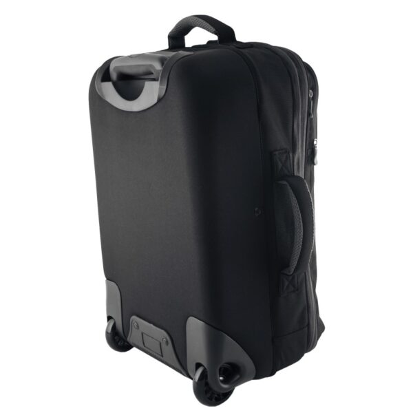 The earth-friendly 20 inch Hybrid Carry-on by LiteGear, shown here in black, can expand another 3 inches, has sturdy roller wheels, and is made from recycled materials.