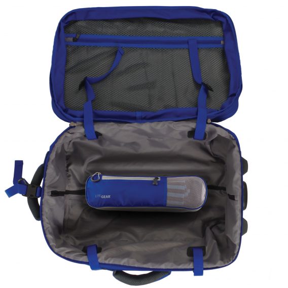 The eco-friendly 20 inch Hybrid Carry-on by LiteGear, shown here in blue, has a large interior mesh compartment and two internal compression straps.