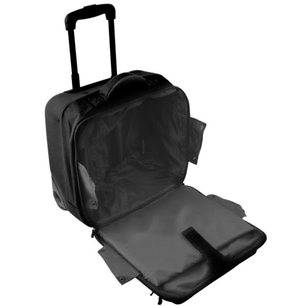The earth-friendly Hybrid Rolling Tote by LiteGear, shown here in black, has an internal padded laptop sleeve and can be used as a briefcase or an overnight suitcase.