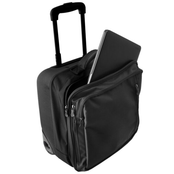 The Hybrid Rolling Tote by LiteGear, shown here in black, has inline skate wheels and a locking telescoping handle, and is made from recycled materials.