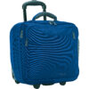 The eco-friendly Hybrid Rolling Tote by LiteGear, shown here in blue, has inline skate wheels and a locking telescoping handle, and fits under most airline seats.